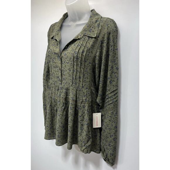 NWT Lucky Brand Blouse - Floral Print Boho Flowy Lace Trim Green Blouse -Size M - Picture 4 of 10